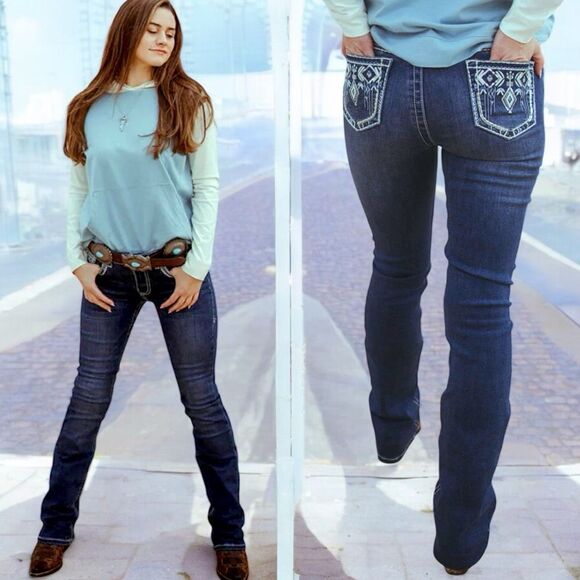 L&B Denim - Lucky & Blessed Embroidered Dark Wash Mid Rise Bootcut Jeans NWT